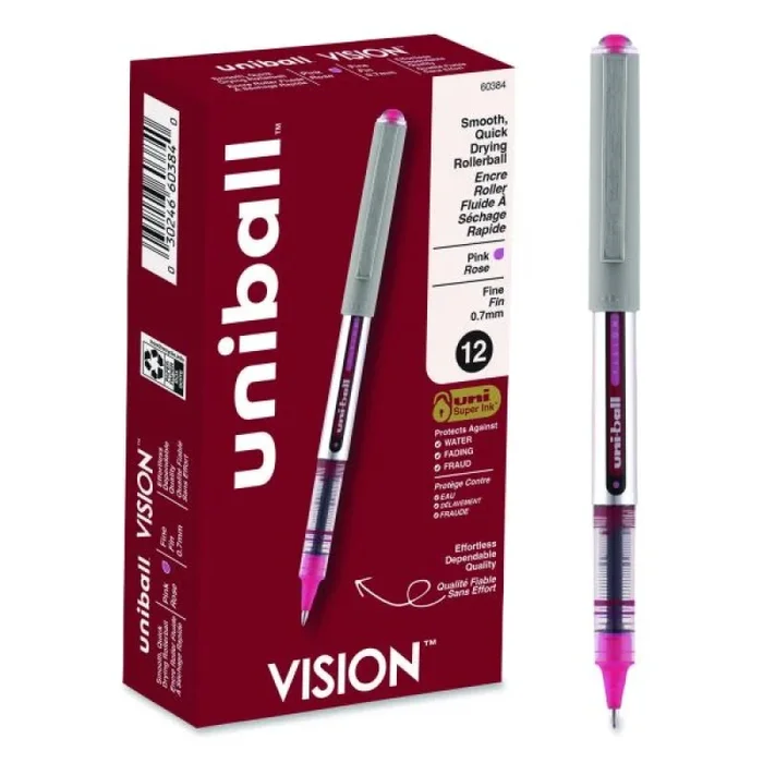 Uniball Vision Roller Ball Pen, Stick, Fine 0.7 Mm, Pink Ink, Silver/Pink/Clear Barrel, Dozen