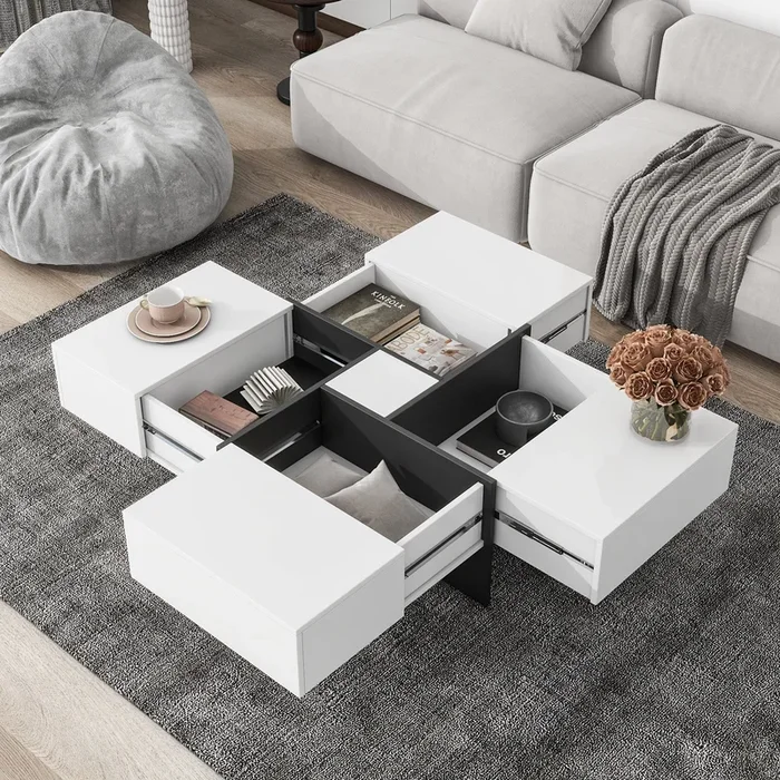 Unique Design Coffee Table with 4 Hidden Storage Compartments, Square Cocktail Table with Extendable Sliding Tabletop, UV High-gloss Design Center Table for Living Room, 31.5″x 31.5″