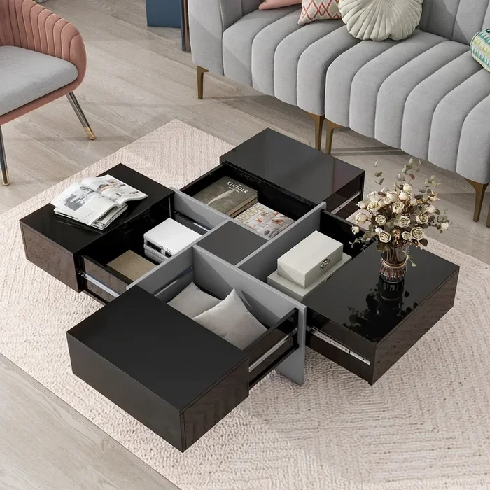 Unique Design Coffee Table With 4 Hidden Storage Compartments, Square Cocktail Table With Extendable Sliding Tabletop, Uv High Gloss Design Center Table For Living Room, 31.5″X 31.5″ Black Soft Close Drawers Primary Living Space Freestanding Square