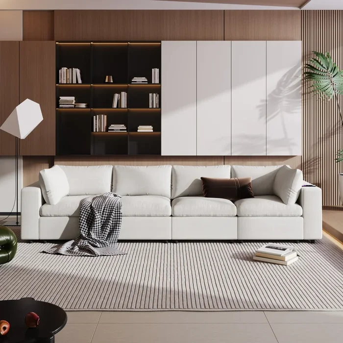 Upholstered Modular Sofa with USB Charge Ports,Wireless Charging and Built-in Bluetooth Speaker in Arm,Sectional sofa for Living Room Apartment(4-Seater)