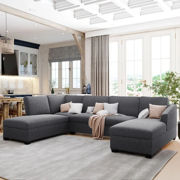 Ustyle Modern Large U-Shape Sectional Sofa, Double Extra Wide Chaise Lounge Couch, Grey