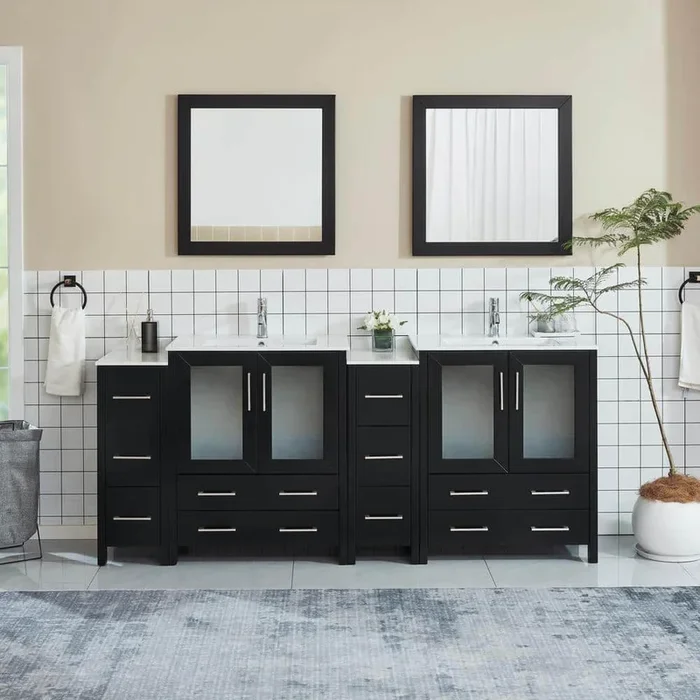 Vanity Art 84 in. W x 18 in. D x 36 in. H Bathroom Vanity in Espresso with Double Basin Vanity Top in White Ceramic and Mirrors