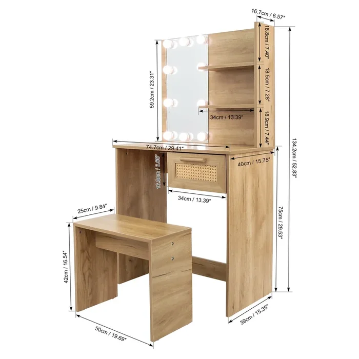 Vanity Desk Set Stool & Dressing Table with LED Lighting Mirror Drawer and Compartments Modern Wood Cosmetic Table Chest of Drawers Nature Color