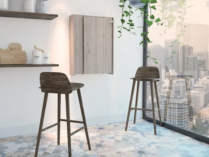 Vatta Wall Foldable Table, Seven Interior Shelves, Extending Table -Light Gray