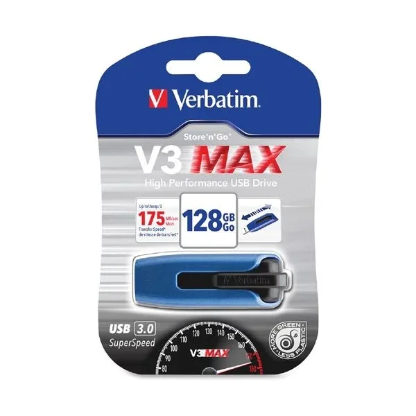 Verbatim V3 Max USB 3.0 Flash Drive, 128 GB, Blue