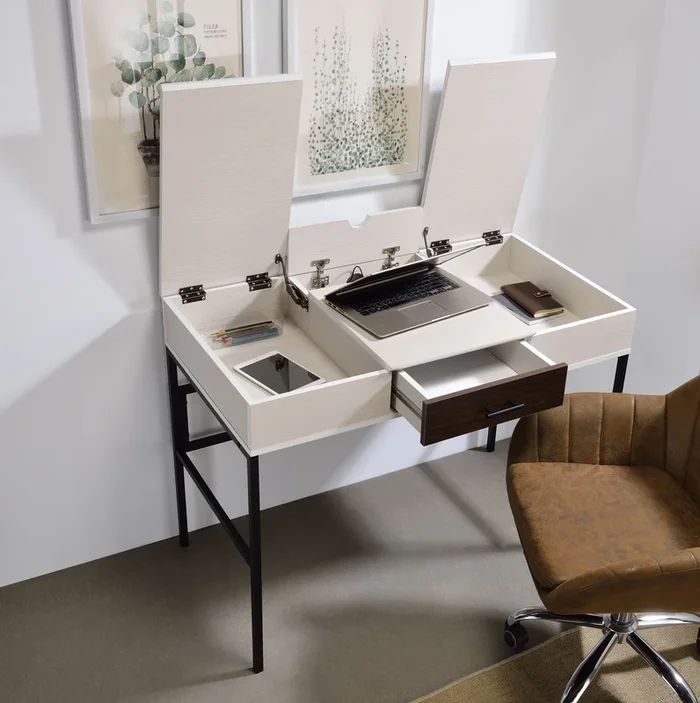 Verster Natural & Black Finish Writing Desk W Usb Black,Natural Metal,Synthetic Wood