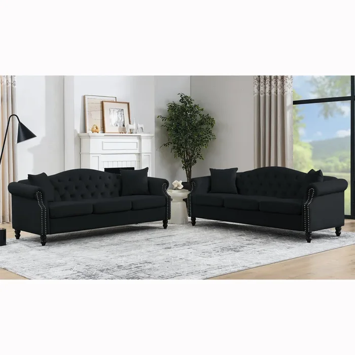 Video 79″ Chesterfield Sofa Black Velvet For Living Room, 3 Seater Sofa Tufted Couch With Rolled Arms And For Living Room, Bedroom, Office, Apartment, 3S 3S Black Velvet