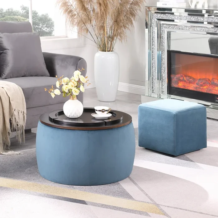 Video Round Ottoman Set With Storage, 2 In 1 Combination, Round Coffee Table, Square Foot Rest Footstool For Living Room Bedroom Entryway Office Blue Velvet