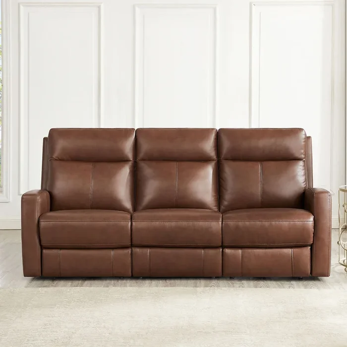 Vienna Power Headrest Zero Gravity Reclining Sofa Brown Genuine Leather Wood Primary Living Space Medium Firm Tight Back Mid Century Modern Eucalyptus Square Arms Memory Foam Leather 3 Seat