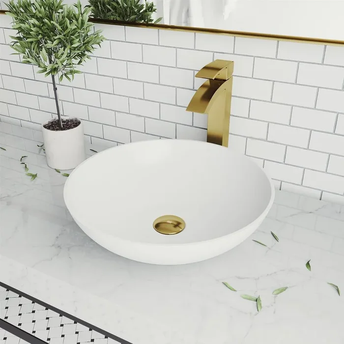 VIGO Lotus Matte Stone Vessel Bathroom Sink in White with Duris Faucet in Matte Gold