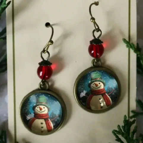 Vintage-Style Handmade Earrings Holiday Snowman for Pierced Ears