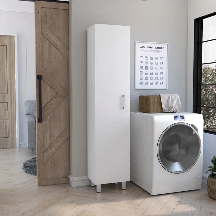 Vintro Storage Cabinet, Broom Hangers, Metal Handle White Vertical Natural White White Dining Room Modern Particle Board Particle Board