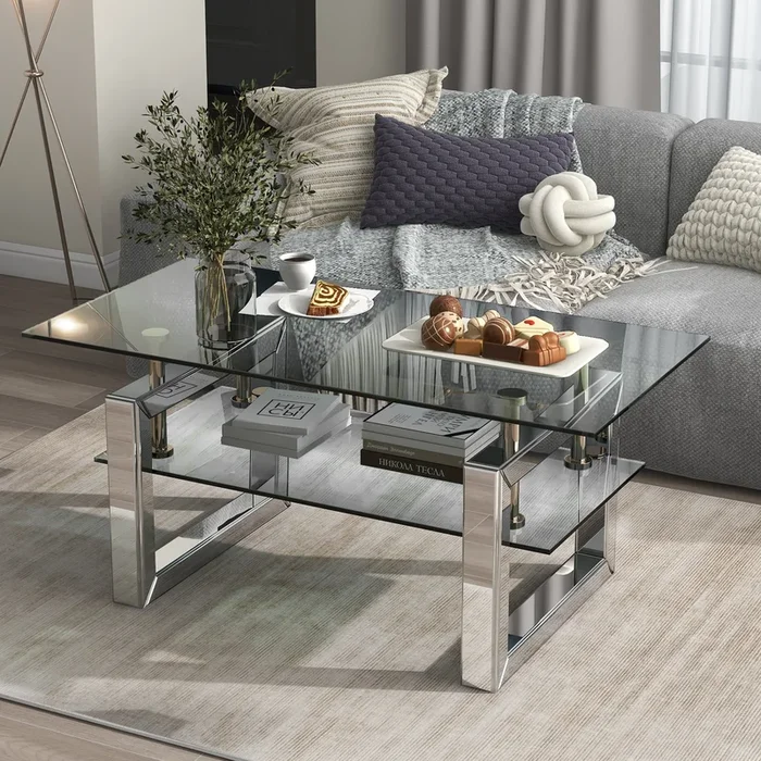 W 39.4″ X D 19.7 ” X H 17.7″ Transparent Tempered Glass Coffee Table, Coffee Table Silver Keyboard Tray Desk And Chair Set Office Modern Manual Freestanding Rectangular Open Storage Coffee & End Tables Glossy Metal Pedestal