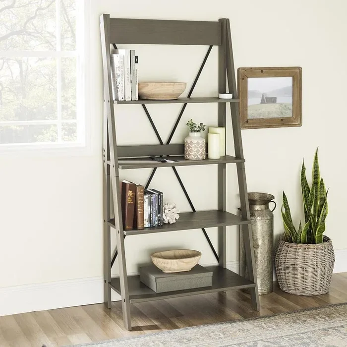 Walker Edison Gray Wood 4-Shelf Ladder Bookcase