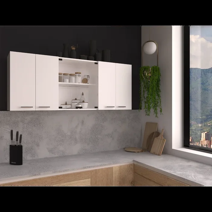 Wall Cabinet 24″ H, Four Doors, With Two Internal Shelves And Internal Plate And Glass Organizer, Two Storage Shelves With Two Glass Doors, White White Particle Board Particle Board