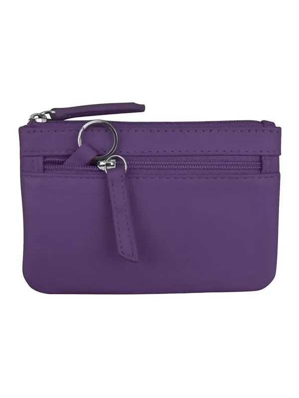 Wallet Coin Purse Purple Leather 2 Zipper Pockets With Key Ring Rfid Protected 6413