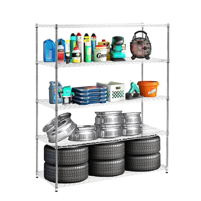 Warehouse, Supermarket,Kitchen,And Other 5 Layer Heavy Duty Adjustable Shelves With Wheels And Adjustable Feet,Each Metal Frame Bearing 300 Pounds. 59.45 “L 24.02 “W 71.65 “H. Silver Steel