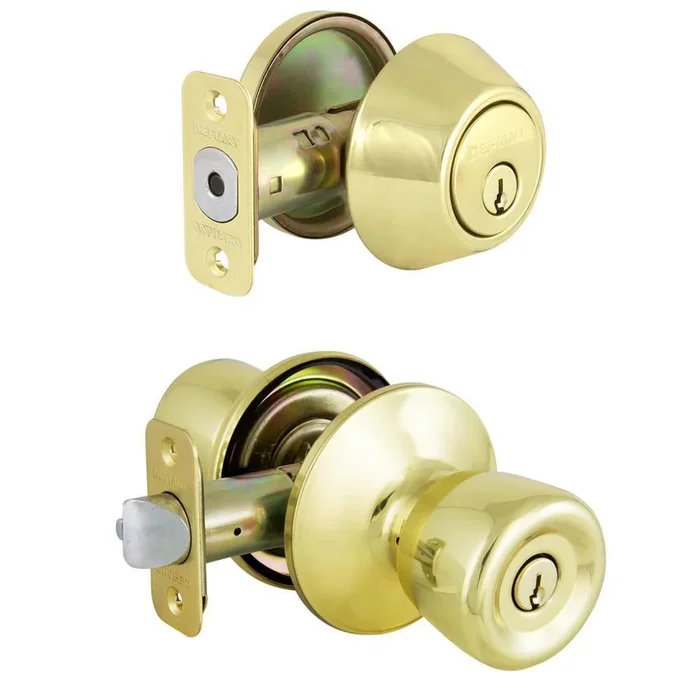 Waterbury Polished Brass Keyed Entry Door Knob with Single Cylinder Deadbolt Combo Pack Master Pinned