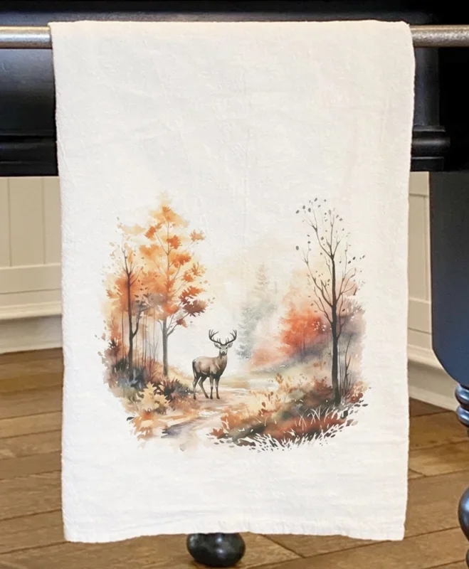 Watercolor Fall Forest and Deer Towel