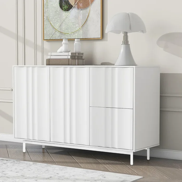 Wave Pattern Storage Cabinet With 2 Doors And 2 Drawers, Adjustable, Suitable For Study,Entrance And Living Room White Mdf