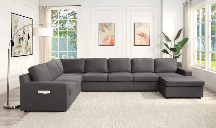 Waylon 145.5″ Gray Linen 7 Seater U Shape Sectional Sofa Chaise With Pocket Gray Linen