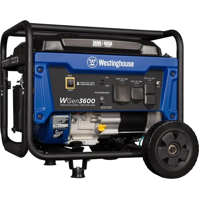Westinghouse WGen3600 Portable Generator – 3600 Rated Watts & 4650 Peak Watts – RV Ready – Gas Powered – CARB Compliant