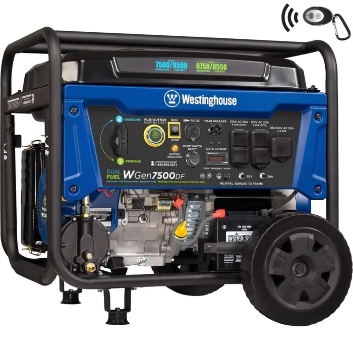 Westinghouse WGen7500DF Dual Fuel Portable Generator – 7500 Rated Watts & 9500 Peak Watts – Gas or Propane Powered – CARB Compliant