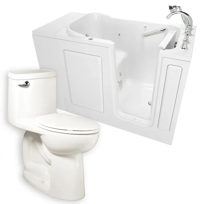 Whirlpool Right-Hand 28 in. x 48 in. Walk-In Bath, Roman Tub Filler, and Cadet 3 FloWise Tall Height Toilet in White