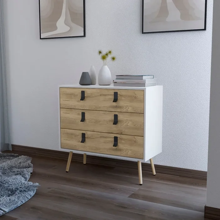 White And Macadamia 3 Drawer Dresser White Natural Bedroom Wood