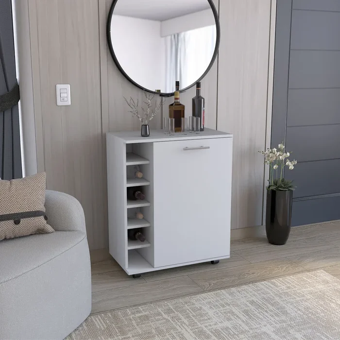 Wick Bar Cart With Integrated Wine Storage, Spacious Cabinet And Smooth Rollers White Dining Room Modern Particle Board Shelves Included Engineered Wood