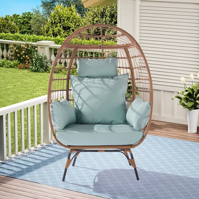 Wicker Egg Chair, Oversized Indoor Outdoor Lounger for Patio, Backyard, Living Room w/ 5 Cushions, Steel Frame, 440lb Capacity – Light Blue