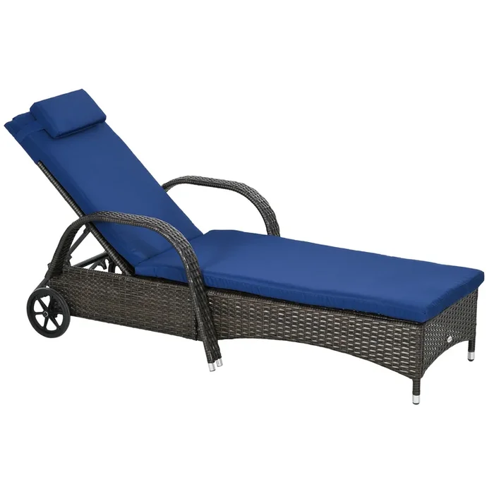 Wicker Outdoor Chaise Lounge, 5-Level Adjustable Backrest PE Rattan Pool Lounge Chair with Wheels, Cushion & Headrest, Brown and Dark Blue
