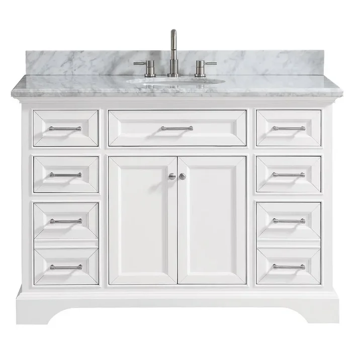 Windlowe 49 in. W x 22 in. D x 35 in. H Bath Vanity in White with Carrera Marble Vanity Top in White with White Sink