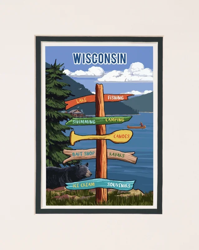 Wisconsin, Signpost, Lake & Bear Print 8×10