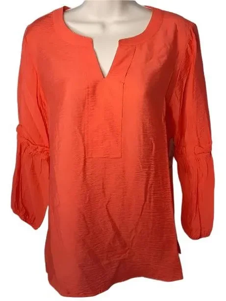 Women’s 3/4 Bell Sleeve Band Collar Top-Coral
