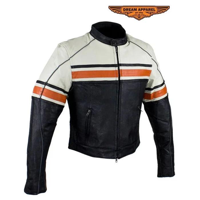 Women’s Leather Racer Jacket With Upper Half Cream & Orange Stripe Accross Chest