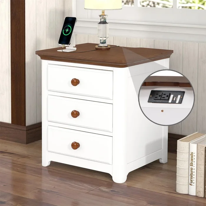 Wooden Nightstand with USB Charging Ports and Three Drawers, End Table for Bedroom, White+Walnut