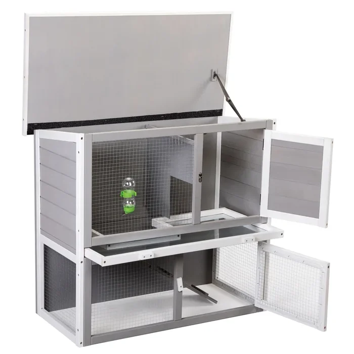 Wooden Rabbit Hutch with Pull Out Tray, Weatherproof 2-Tier Bunny Run Cage, Outdoor Animal Enclosure for Multiple Pets – Gray