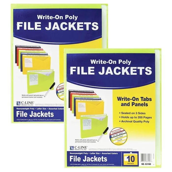 Write-On Poly File Jackets, Assorted Colors, 11″ X 8-1/2″, 10 Per Pack, 2 Packs