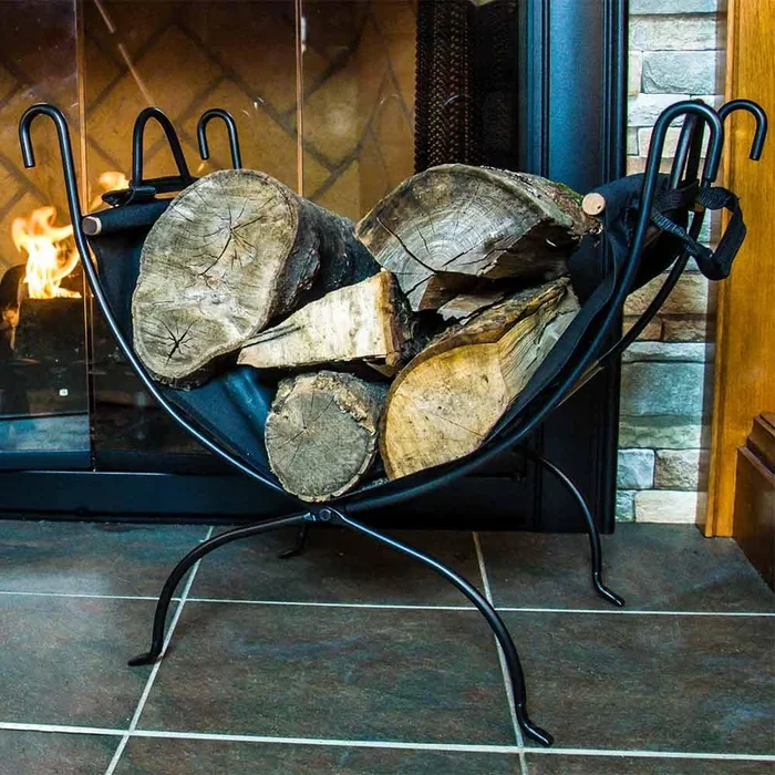 Wrought Iron Log Rack with Canvas Log Carrier – Black