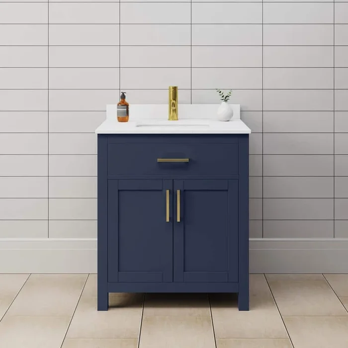 Wyndham Collection Beckett 30″ Dark Blue Bathroom Vanity with Cultured Marble Top