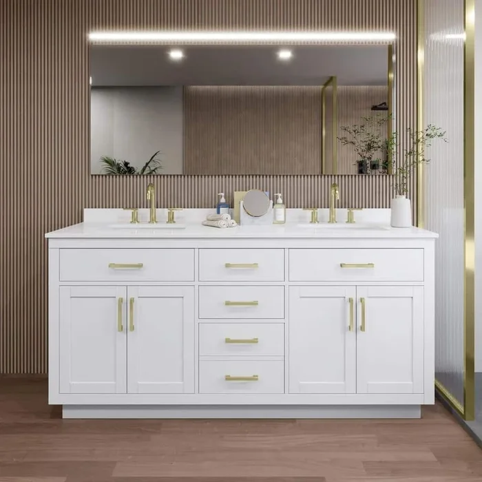 Wyndham Collection Beckett TK 72″ Double Sink Bathroom Vanity with White Quartz Top and Brushed Gold Trim