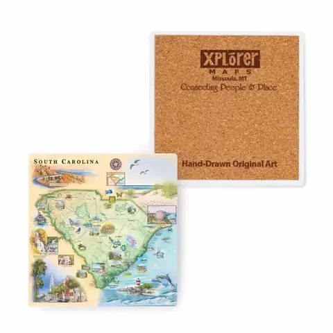 Xplorer Maps Multicolored Ceramic/Cork South Carolina Coaster