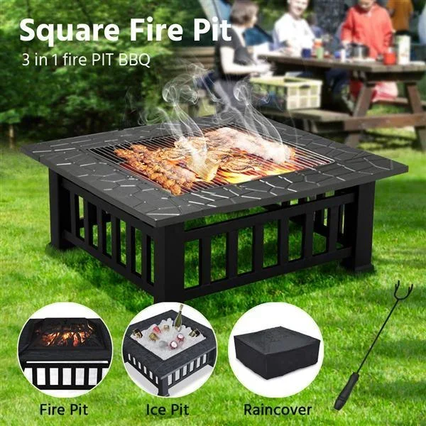 Yaheetech 32”Outdoor Metal Firepit Backyard Patio Garden Square Stove Fire Pit With cover