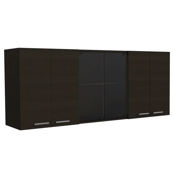 Yuma 150″ Wall Cabinet, Two Close Cabinets, Two Open Shelves Black Espresso Kitchen Industrial,Modern Pine Pine Engineered Wood