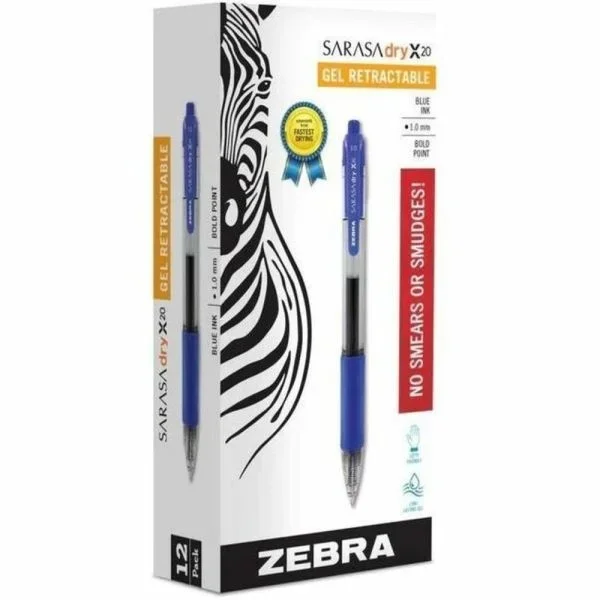 Zebra Pen Sarasa X20 Retractable Gel Pens, Pack Of 12, Bold Point, 1.0 Mm, Transparent Barrel, Blue